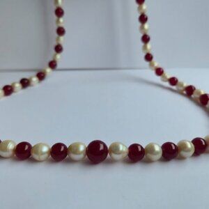 Freshwater Pearl Necklace with Red Beads